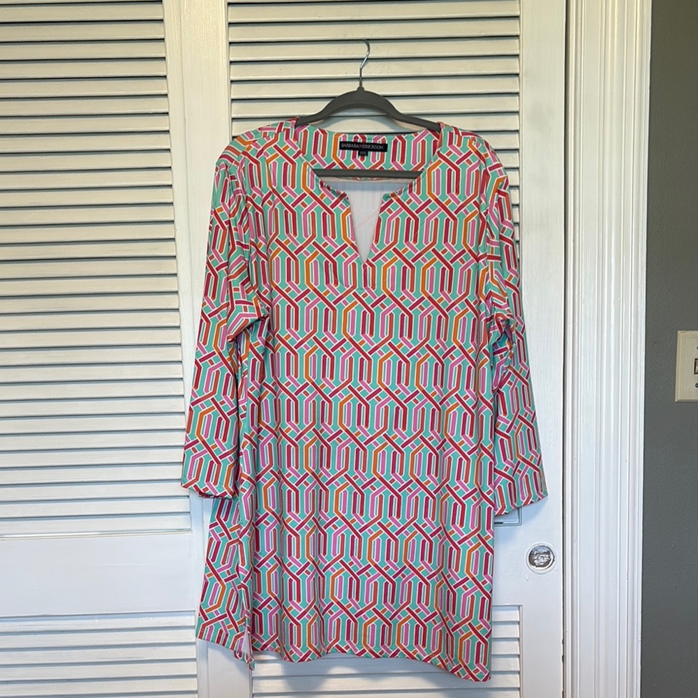 Pink and Orange Boxy Tunic with 3/4 Sleeves and Mandarin Collar